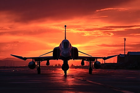 F 4 phantom ii military fighter jet standing on an airport runway against a vibrant orange and red...
