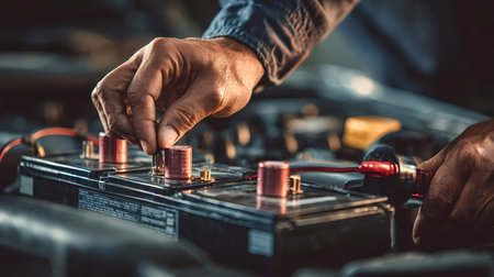 Skilled mechanic hands perform routine maintenance on a car battery, meticulously inspecting terminals and wiring to ensure optimal vehicle performance and reliabilityの写真素材