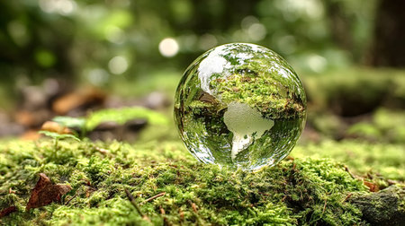 Crystal sphere showing a world map continent shape reflecting a lush green mossy forest bed, symbolizing earth's fragile environment and eco friendlinessの写真素材