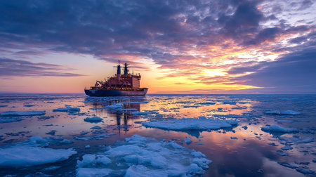 Icebreaker ship sailing through a frozen arctic ocean breaking a path among ice floes, reflecting the vibrant orange and purple colors of the sunset skyの写真素材