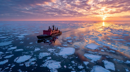 Icebreaker ship traveling through broken ice floes reflecting the vibrant sunset sky, showcasing arctic exploration and winter travel in challenging conditionsの写真素材
