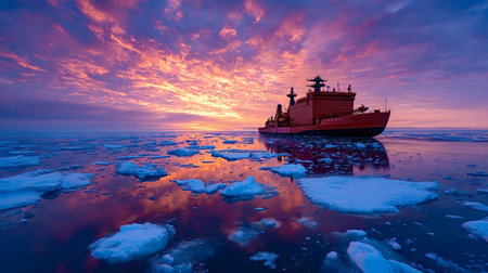 Red icebreaker ship cruising through arctic waters filled with broken ice floes, reflecting the vibrant orange and purple sky during a dramatic sunsetの写真素材
