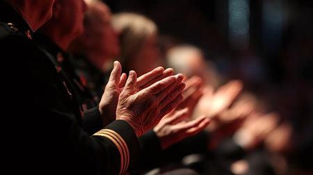 Audience hands clapping at a formal event, featuring an older person in a military uniform, symbolizing honor, appreciation, and respect for veterans during a public ceremony or performanceの写真素材