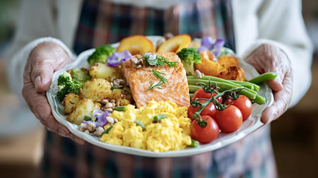 Senior woman's hands presenting a thoughtfully portioned and colorful platter featuring baked salmon, fresh vegetables, scrambled eggs, and seeds, promoting balanced nutritionの写真素材