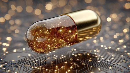 Golden capsule filled with glittering particles hovering over a glowing circuit board, representing...