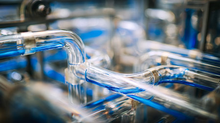 Liquid cooling system pipes with vibrant blue coolant flowing through them, representing advanced computer technology, high performance, and efficient hardware cooling in a gaming pc setupの写真素材