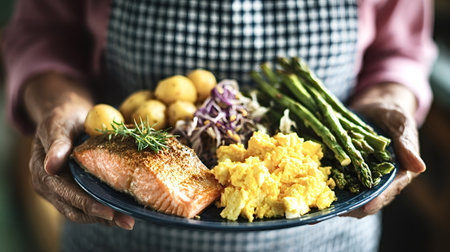 Senior hands holding a plate of fresh, healthy dinner, featuring grilled salmon, scrambled eggs, asparagus, baby potatoes, and red cabbage salad, emphasizing wholesome eating and nutritionの写真素材