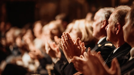 Audience members are enthusiastically clapping, showing appreciation and giving an ovation for a performance or successful event, celebrating with unified support in a dimmed settingの写真素材