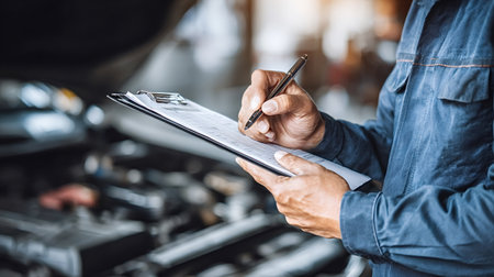 Mechanic hand holding clipboard and pen, filling out a service checklist during a detailed car inspection in a garage workshop, close up of professional maintenance documentationの写真素材
