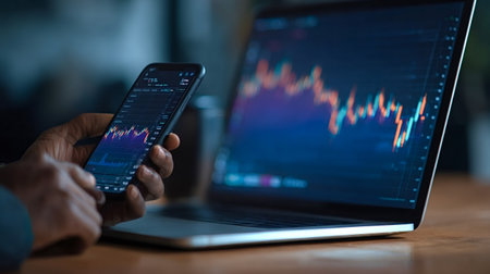 Person's hands holding a smartphone displaying stock market charts and data, while a laptop in the...