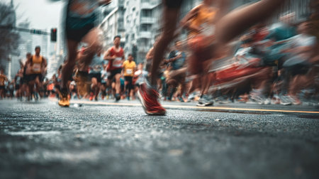 Runners sprinting down an urban street during a marathon, motion blur conveying speed, endurance and competitive energy as a focused crowd of athletes powers towards the goalの写真素材