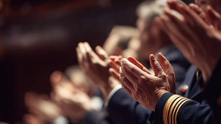 Audience in uniforms applauding during a formal ceremony, close up of clapping hands showing respect, recognition and celebration of achievement, honor and teamworkの写真素材