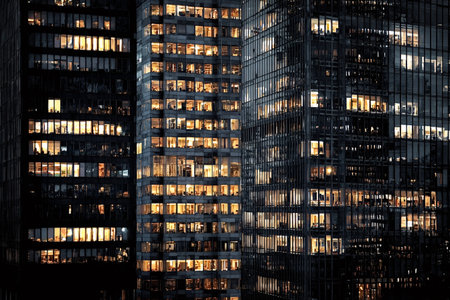 Modern corporate skyscrapers illuminating the night sky, symbolizing business activity, hard work, success, and the global economy operating around the clock in a bustling cityの写真素材