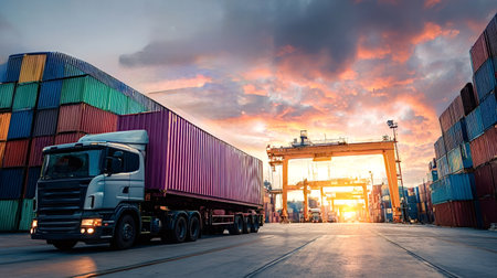Heavy transport trucking a long cargo container from a vast port terminal, with numerous stacked shipping containers and industrial cranes under a dramatic sunset skyの写真素材