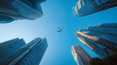 Airplane flying high above modern glass skyscrapers, seen from a low angle perspective, representing global travel, urban living, and business connection in a vibrant metropolisの写真素材