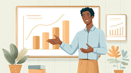 Black man smiling and pointing to a rising business growth chart on a whiteboard while explaining...