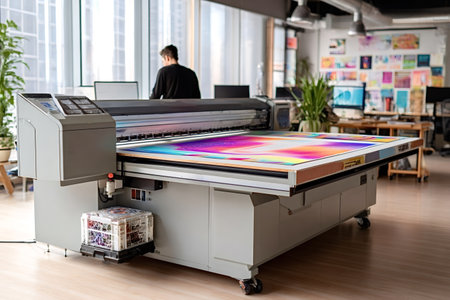 Large format printer actively producing a colorful, abstract artwork on a flatbed, with a designer working in the background of a modern creative office spaceの写真素材