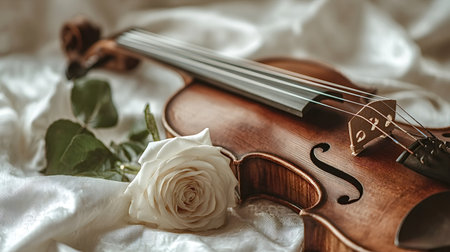 Violin rested on soft draped fabric beside a delicate white rose, warm wood tones and gentle lighting evoking romantic, classical music, serenity and refined eleganceの写真素材