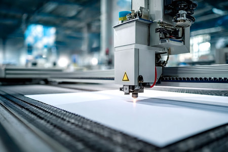 Laser cutting machine head working on a white material sheet, using a laser beam to precisely cut or engrave, representing modern industrial technology and automated manufacturing processesの写真素材