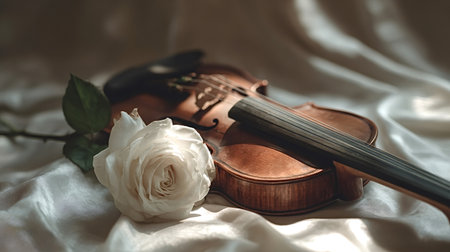 Classical violin and delicate white rose resting on elegant flowing white silk fabric, representing themes of romance, music, art, and timeless beautyの写真素材