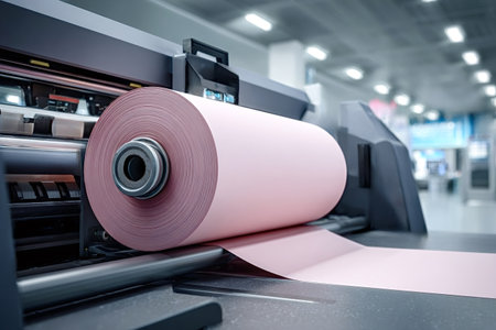 Industrial printing machine operating with a large roll of pale pink paper, performing manufacturing in a modern factory environment, symbolizing production, technology, and industryの写真素材