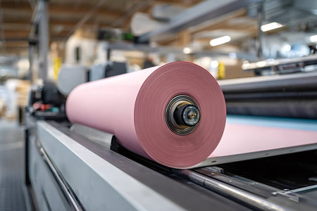 Large roll of pink paper unwinding onto an industrial printing or manufacturing machine, highlighting the automated process in a factory setting, symbolizing production, technology, and industryの写真素材