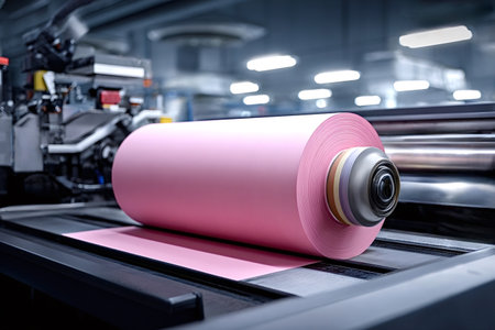 Large pink paper roll moving on a conveyor belt, feeding into an industrial printing machine, illustrating mass production and manufacturing processes inside a modern factoryの写真素材
