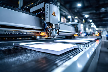 Automated manufacturing process with a modern industrial digital printing machine producing a stack of paper sheets on an assembly line inside a factory with advanced technologyの写真素材