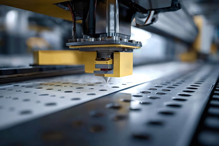 Cnc punch machine head is processing a metal sheet, creating precision holes on the surface of the material, symbolizing modern industrial automation and advanced manufacturing technologyの写真素材