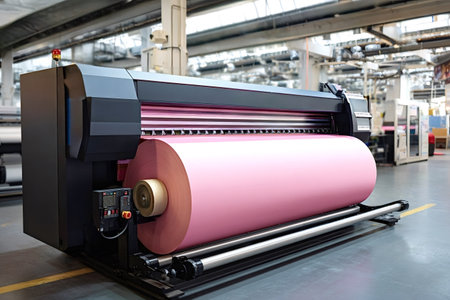 Industrial large format printer producing a continuous vibrant pink paper roll on an automated production line in a modern factory, showing high volume commercial printing technologyの写真素材