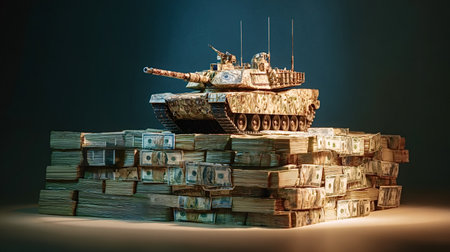 Armored tank with dollar bill camouflage perched on a massive stack of us banknotes, representing...