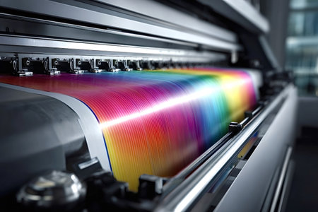 Modern wide industrial format printer actively producing a vibrant rainbow color gradient on a roll of material, illustrating advanced digital printing technology and manufacturing processesの写真素材