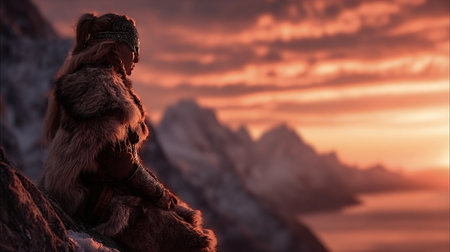 Viking warrior woman wearing fur and a helmet, sitting on a snowy mountain peak at sunset, contemplating the vast, dramatic landscape with an orange sky and distant fjordの写真素材