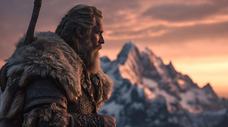 Bearded norse warrior standing in fur and armor, observing a rugged mountain range under a vibrant orange and pink sunset sky, embodying strength and ancient heritageの写真素材