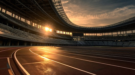Empty athletic track curving through a modern stadium as golden hour sunbeams stream through upper stands, warm light highlighting lanes and architectural lines for competition ready atmosphereの写真素材