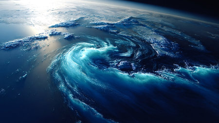 Planet earth from space revealing a massive hurricane swirling over dark blue ocean, dramatic aerial satellite view of powerful vortex and extreme weather event threatening coastsの写真素材