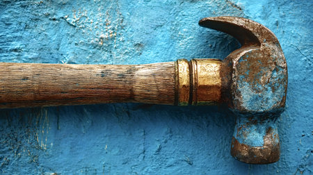 Rustic claw hammer featuring a wooden handle and corroded metal head, resting against a weathered, textured blue wall, showcasing its aged condition and utilityの写真素材