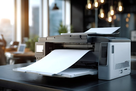 Modern office printer outputting paper sheets, symbolizing productivity, administrative task automation, and technological advancements within a professional business environmentの写真素材