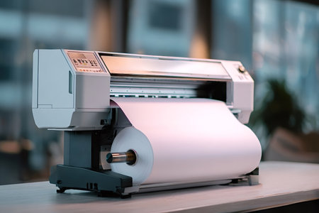 Large format plotter machine processing a continuous paper roll, representing modern printing...