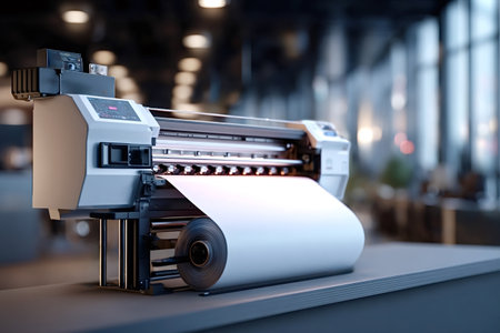 Modern wide format digital printer machine producing a large banner or poster on a white paper roll, representing industrial technology and graphic designの写真素材
