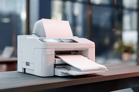 Modern multifunction printer pulling paper from the input tray while printing and stacking output on a clean office desk, symbolizing efficient document workflow and productivityの写真素材