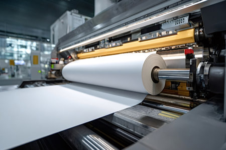 Industrial printing machine unwinding a large white paper roll during manufacturing process in a...