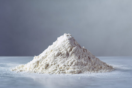Heap of white wheat flour showing its soft texture, placed as an essential ingredient for baking and cooking, representing home kitchen basics and food preparationの写真素材