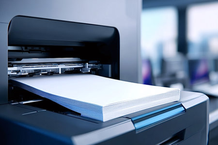 Office printer feeding a clean stack of white paper, showing the process of document creation and workplace efficiency in a modern corporate environmentの写真素材