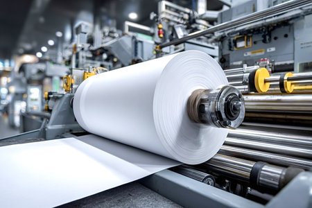 Large continuous roll of white paper undergoing production within an industrial manufacturing...