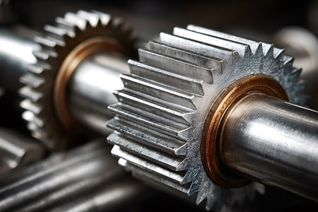 Close up view of shiny metal gears on a shaft, connecting and transmitting power in an industrial mechanism, symbolizing precision, connection, and teamworkの写真素材