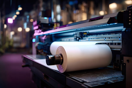 Industrial large format printer operating, feeding a white paper roll for digital printing in a modern factory setting with vibrant blue and purple neon lightsの写真素材