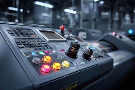 Modern industrial machine control panel displaying various buttons, screens, and knobs, representing advanced manufacturing technology and factory automation in a production facilityの写真素材