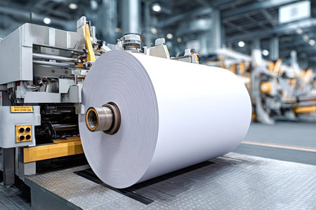 Main white paper roll unwinding on a modern industrial machine in a paper production plant,...