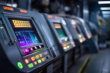 Control panels with bright screens and illuminated buttons displaying data, managing automated industrial machinery in a modern manufacturing facilityの写真素材